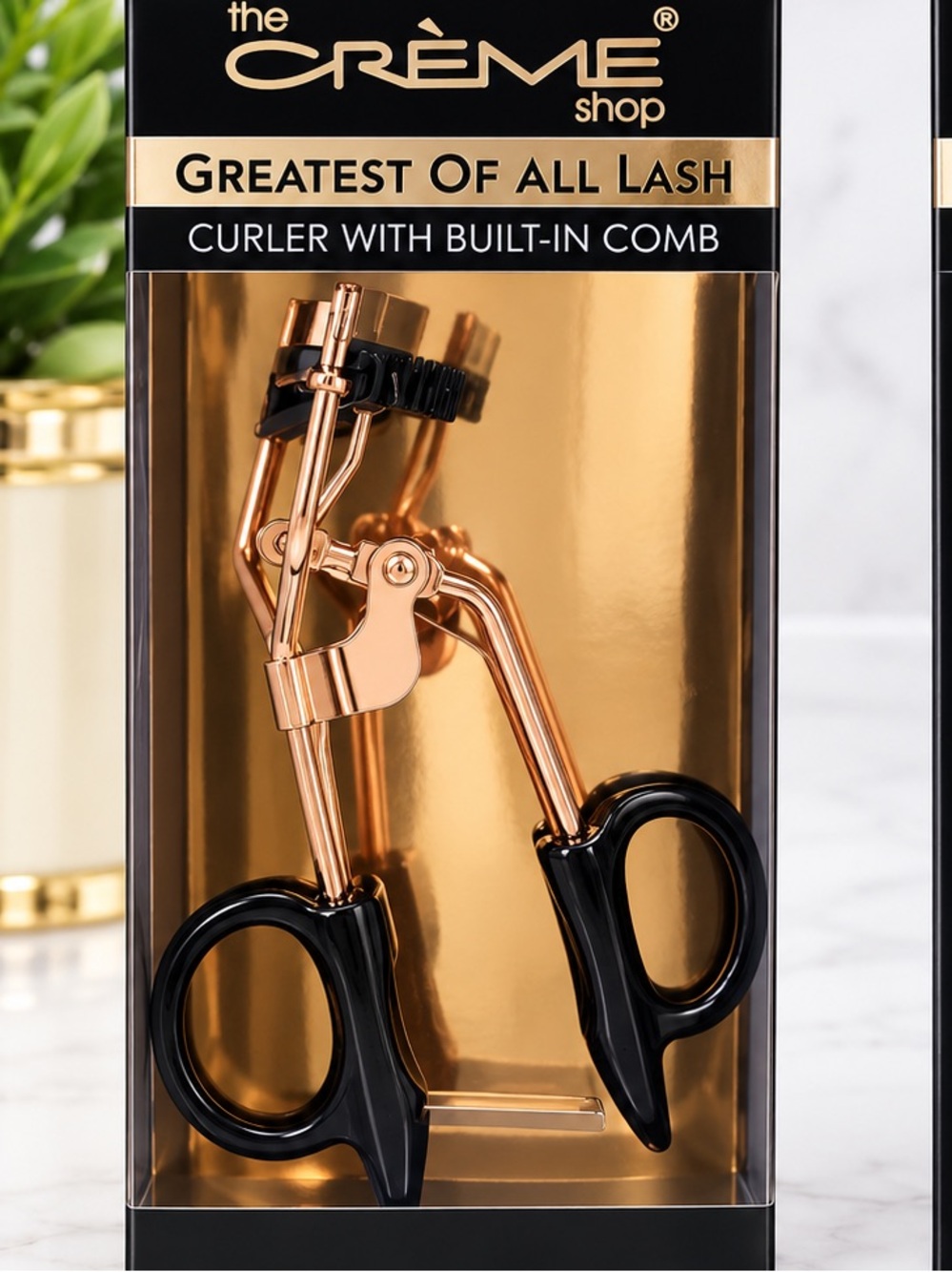 The Crème Shop Rose Gold & Black Eyelash Curler with Built-In Comb